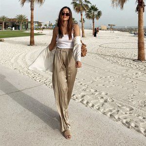 Zara Satin Effect Taupe Grey High-Waisted Flowy Pants Sz Large NWT